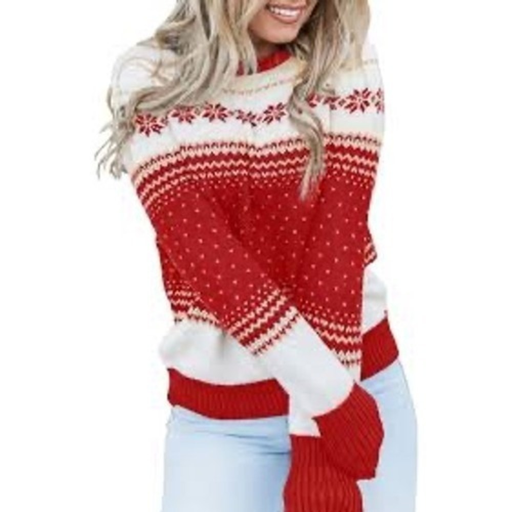 NEW Women's Red Snowflake Fair Isle Ugly Christmas Sweater Long Sleeve Cozy Knit